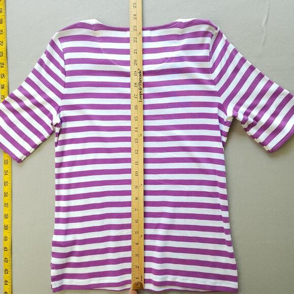 Lauren Petite Medium Cotton Pullover Buttoned Collar Purple-White Stripes - Picture 3 of 7